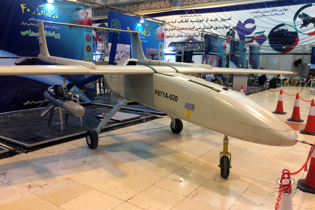 A Mohajer-6 UAV seen during the Eqtedar 40 defense exhibition in Tehran.&nbsp;<em>Credit: No author/Wikimedia Commons</em>
