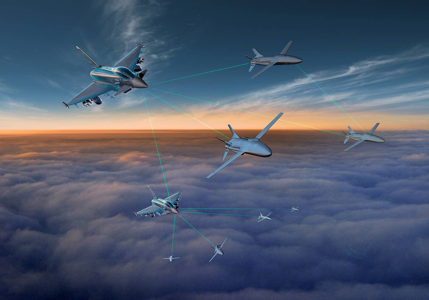 The U.S. is by no means alone when it comes to this concept, allies and enemies alike are pursuing it. Here we see a rendering from Airbus of manned-unmanned teaming with Typhoon fighters. (Airbus)