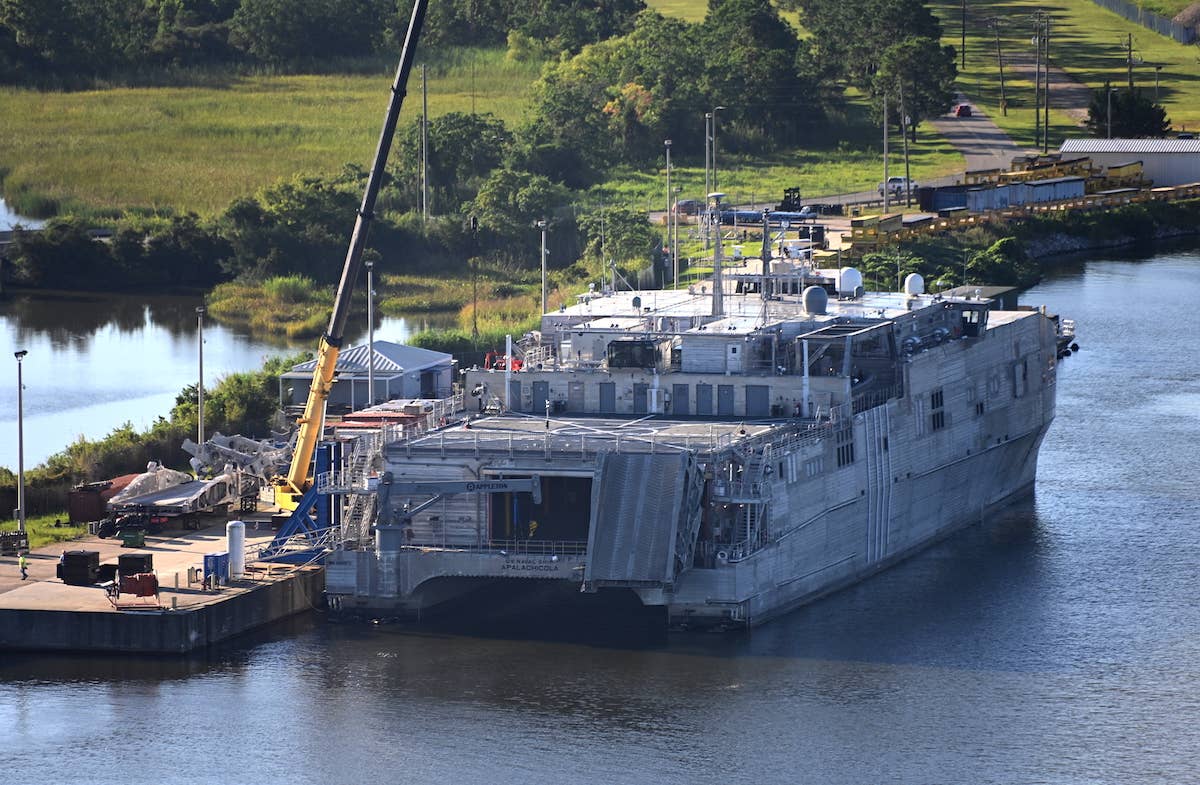 APALACHICOLA has carried out a series of sea trials testing its autonomous features. Here is the ship early on the morning of August 5, 2022, just returned from a wide-ranging trial that ranged as far as the Florida Atlantic coast. (Chris Cavas)