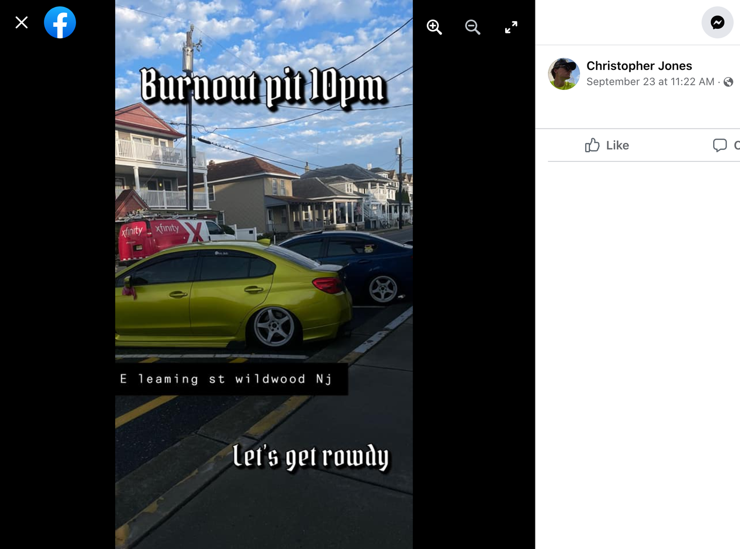Posts in the "H2oi wildwood 2022" Facebook group advertised spots to meet up and do burnouts.