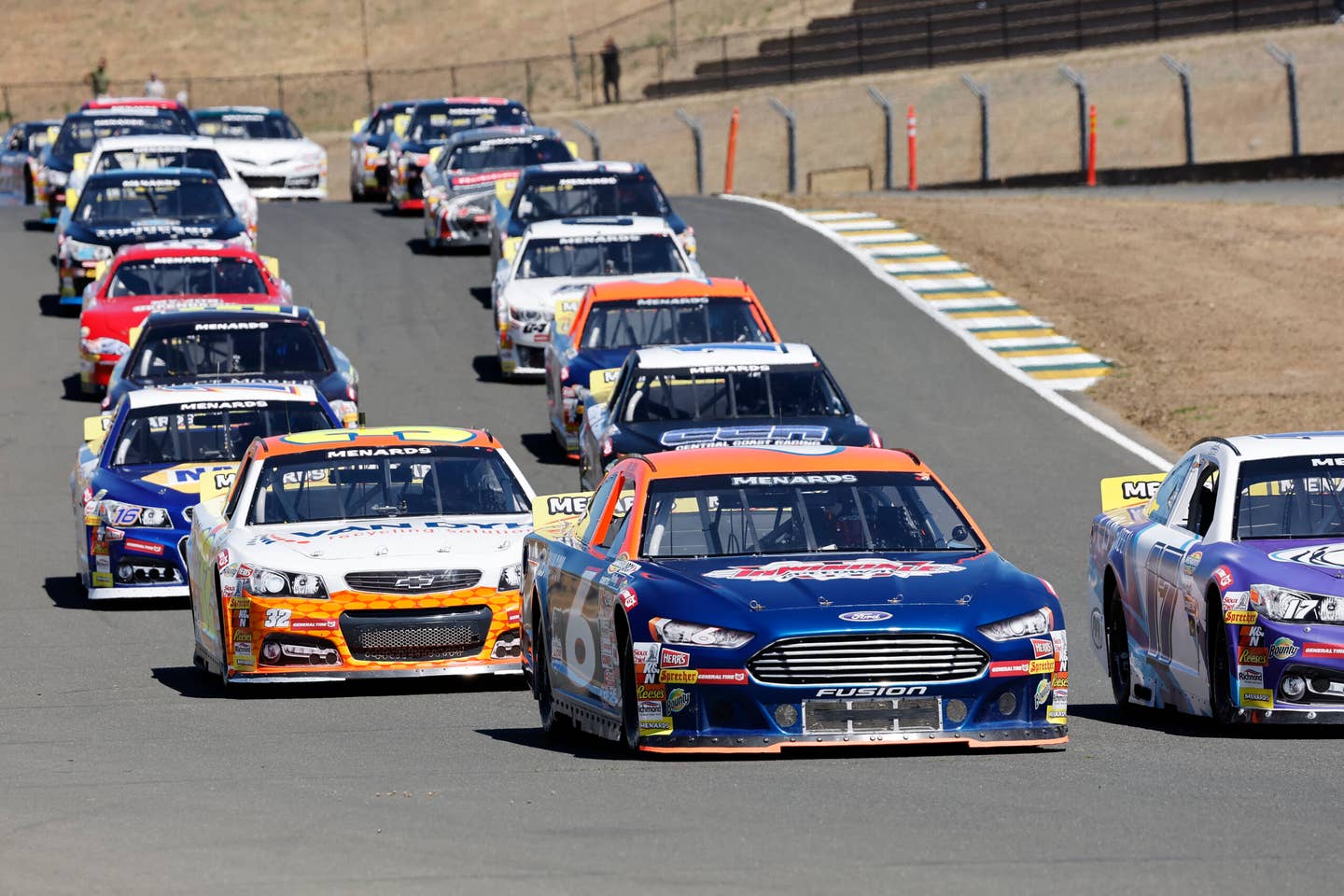 SONOMA, CA - JUNE 11: Jake Drew (#6 Irwindale Speedway-Lucas Oil-Stilo USA-Molecule Ford) leads the pack  during the Menards Series West General Tire 200 on June 11, 2022, at Sonoma Raceway in Sonoma, CA. (Photo by Bob Kupbens/Sonoma Raceway/Icon Sportswire via Getty Images)