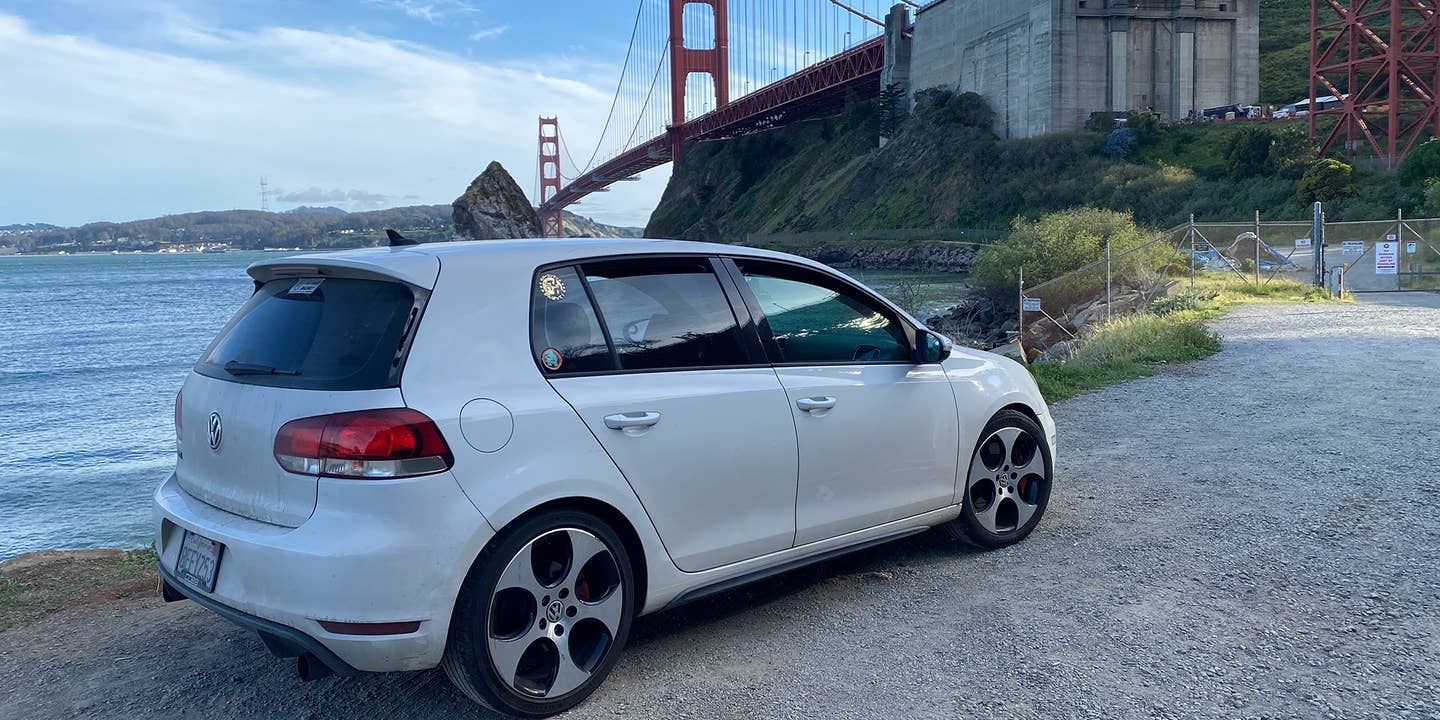 A VW GTI at the Golden Gate Bridge.