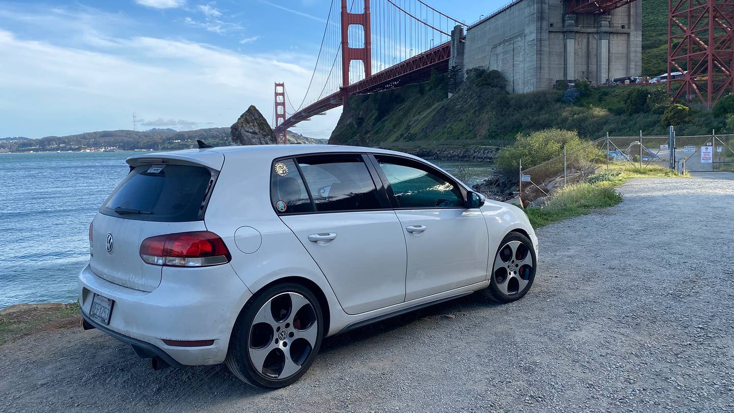 A VW GTI at the Golden Gate Bridge.