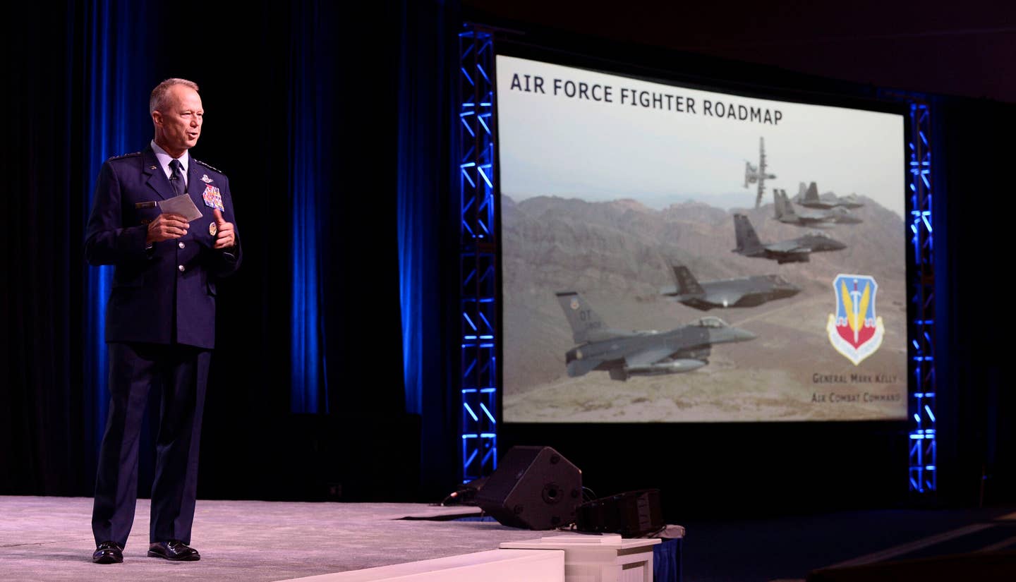 Gen. Mark D. Kelly, Air Combat Command commander, during a Fighter Roadmap presentation at the Air, Space &amp; Cyber Conference in 2021. <em>U.S. Air Force illustration by Tech. Sgt. Joshua R. M. Dewberry</em>
