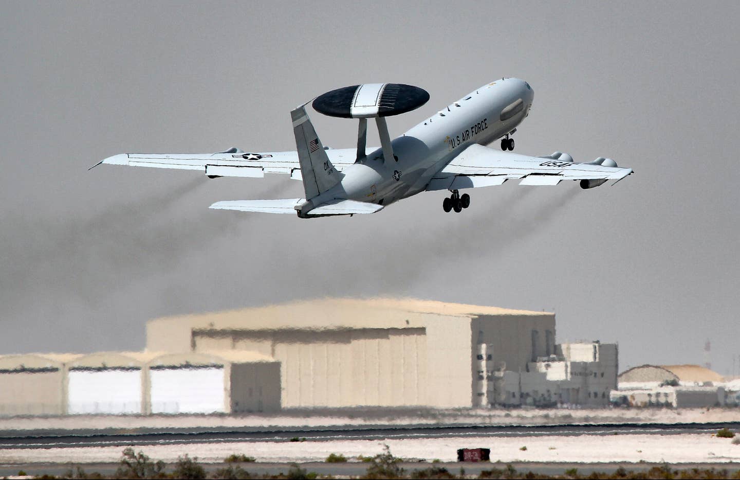 A U.S. Air Force E-3 Sentry takes off from Al Dhafra Air Base, United Arab Emirates, March 6, 2022. (U.S. Air Force photo by Master Sgt. Dan Heaton)