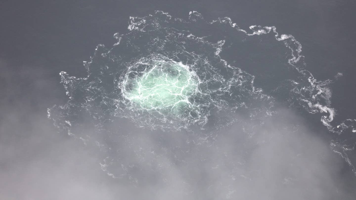 Natural gas bubbles to the surface above one of the breached sections of the Nord Stream 2 pipeline. <em>Swedish Coast Guard</em>