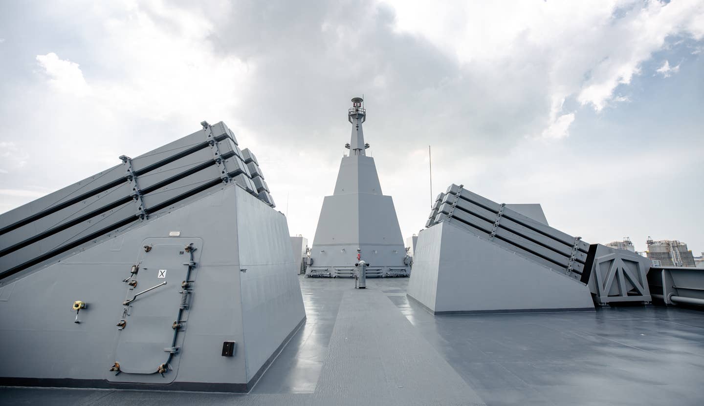 Angled launchers for 32 Tien Chien-2N, or TC-2N, surface-to-air missile on the deck of the <em>Yushan. Office of the President of Taiwan</em>