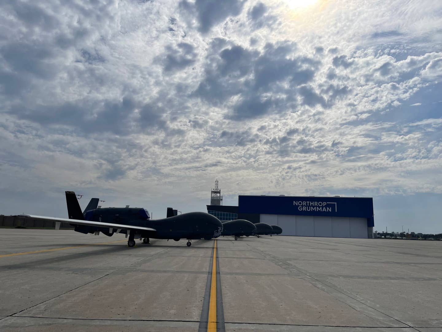 The four retired Air Force Block 20 Global Hawks that Northrop Grumman retrofitted for the SkyRange program. <em>Credit: Northrop Grumman</em>
