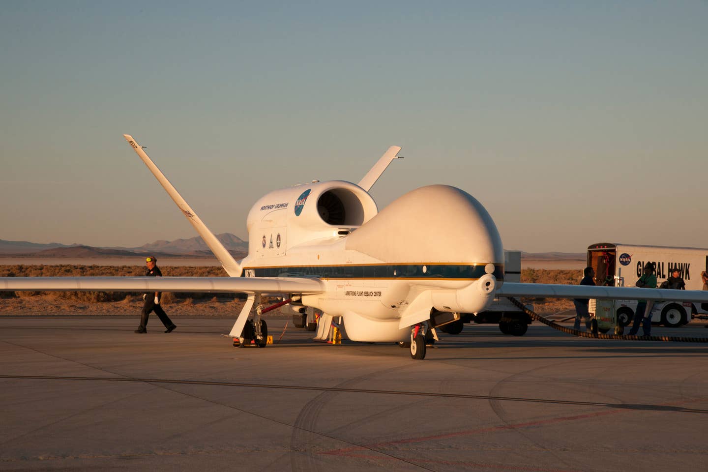 NASA’s Global Hawk being prepared at Armstrong to monitor and take scientific measurements of Hurricane Matthew in 2016.<br><em>Credit: NASA photo by Lauren Hughes</em>