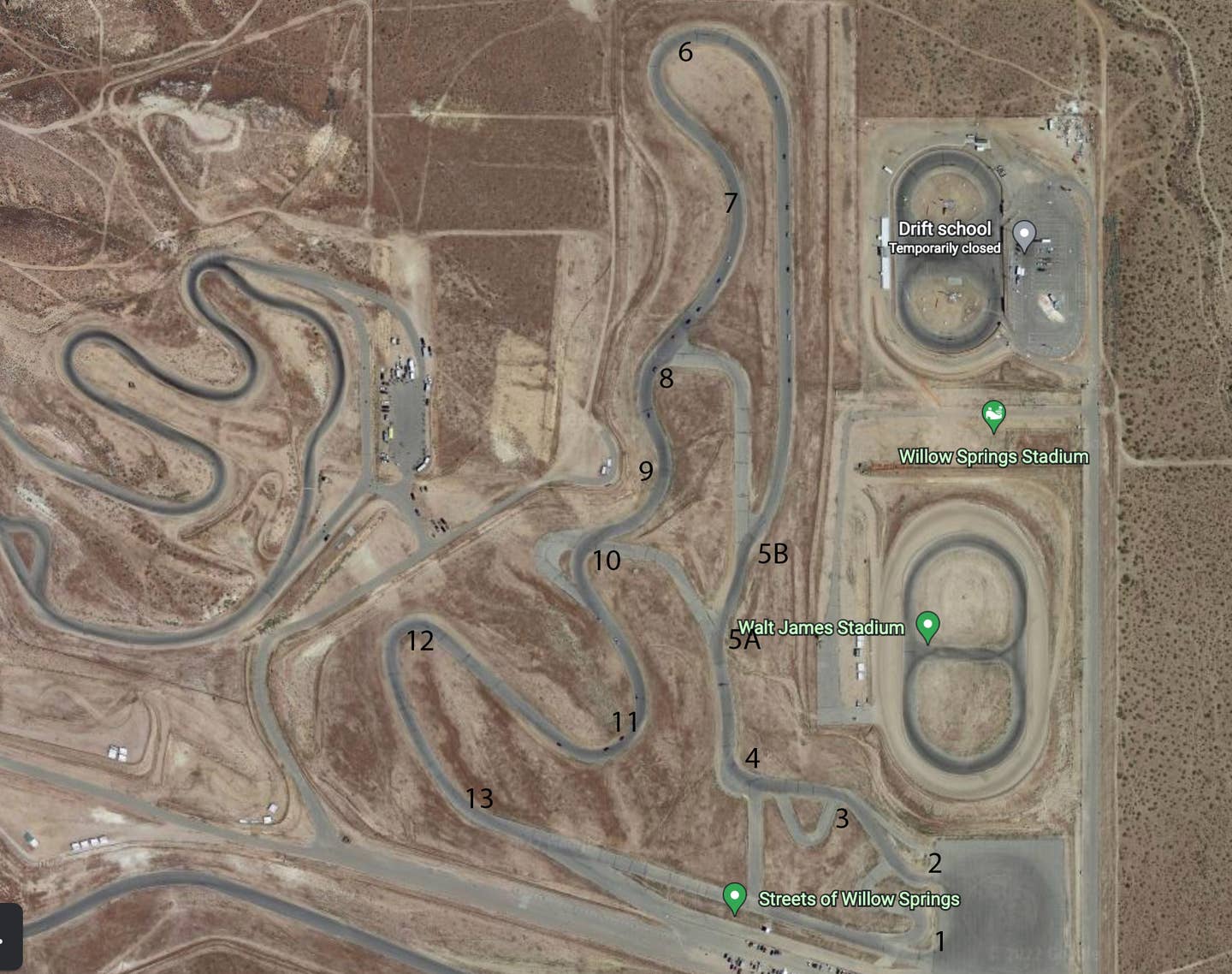 Here's an annotated Google Earth view of the track. You can also a track illustration at <a href="https://www.raceoptimal.com/maps/WillowSpringsStreetsofWillowCCW" target="_blank" rel="noreferrer noopener">RaceOptimal.com</a> which you might find a little easier to follow. <em>Google</em>