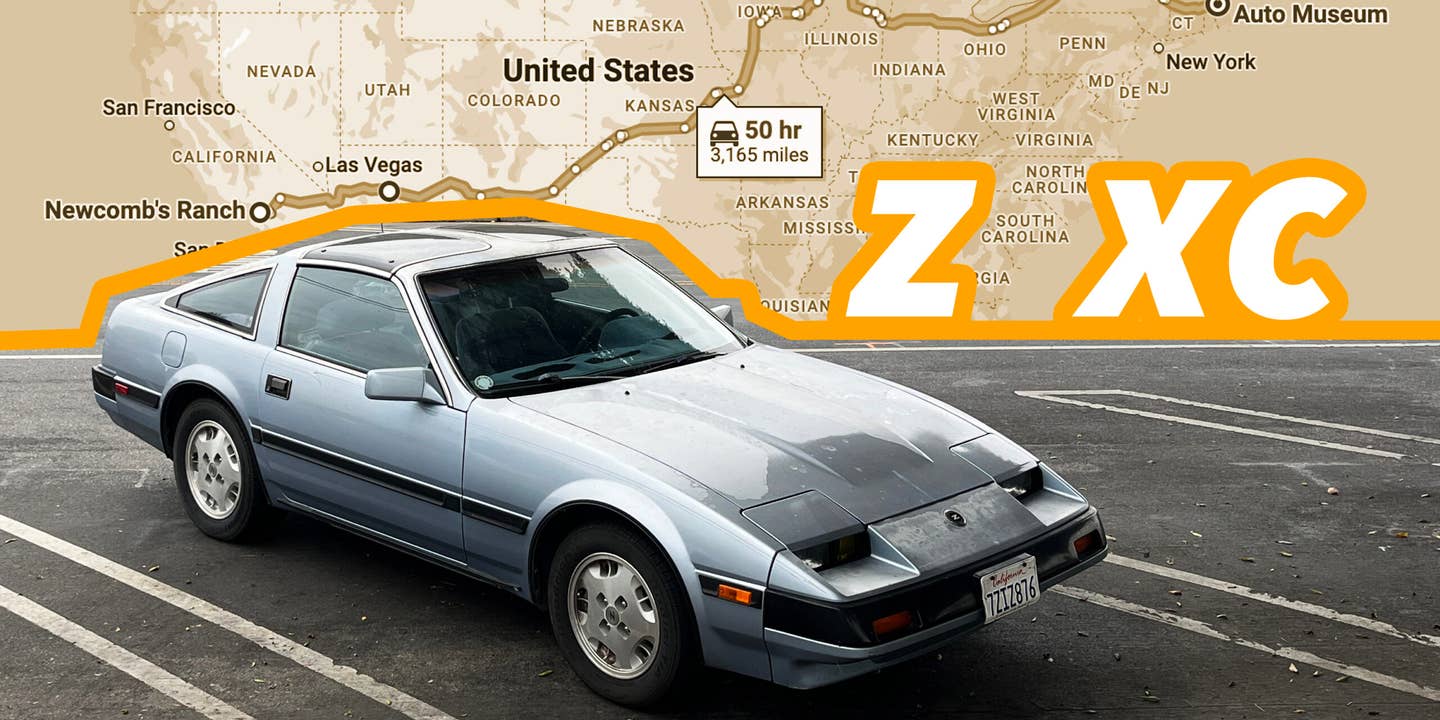 Wedge-shaped sports car in front of US map.