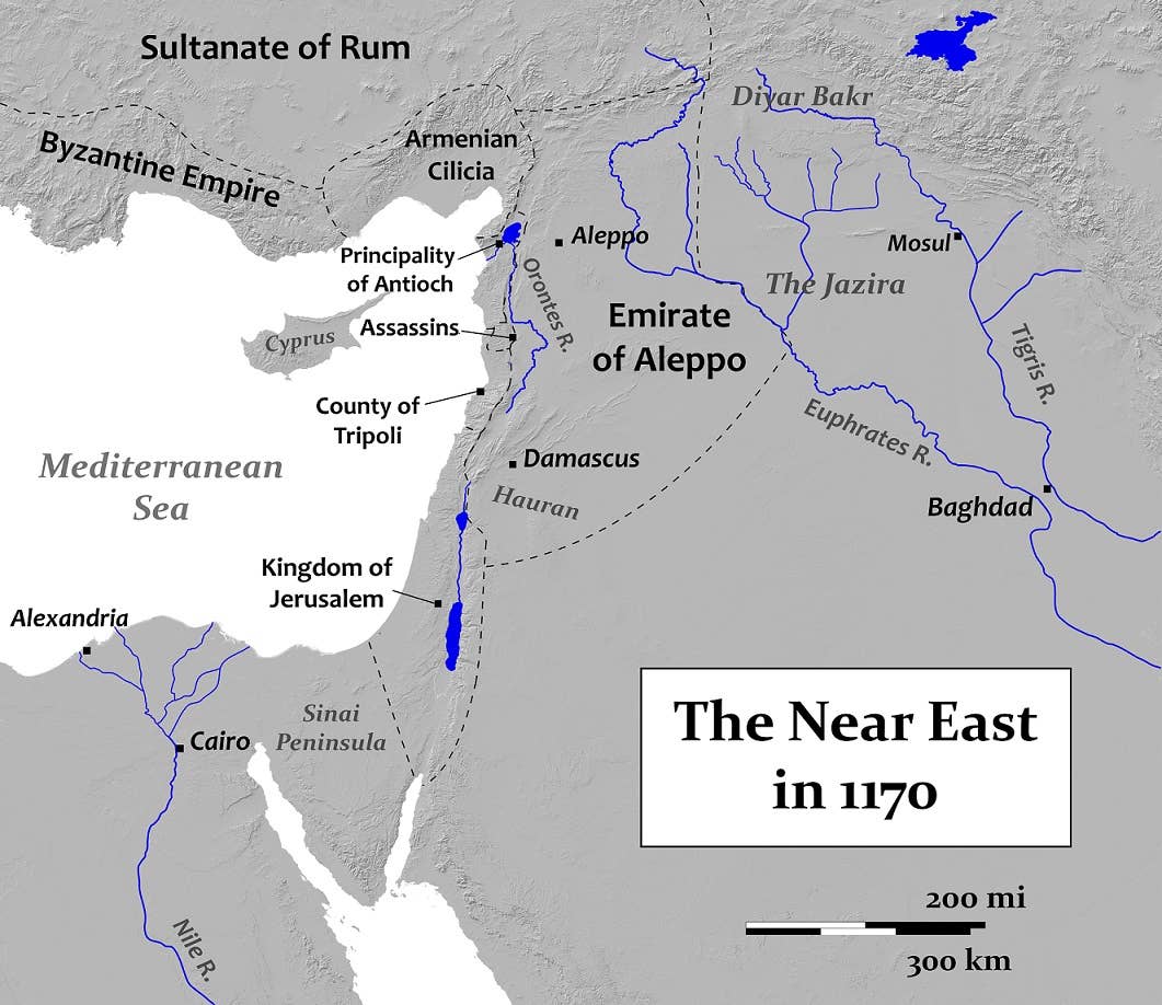 The near east in 1170. <em>Benjamin Duval. The base imagery is from NASA Shuttle Radar Topography Mission (SRTM)(2013). Shuttle Radar Topography Mission (SRTM) Global. Distributed by OpenTopography.</em>