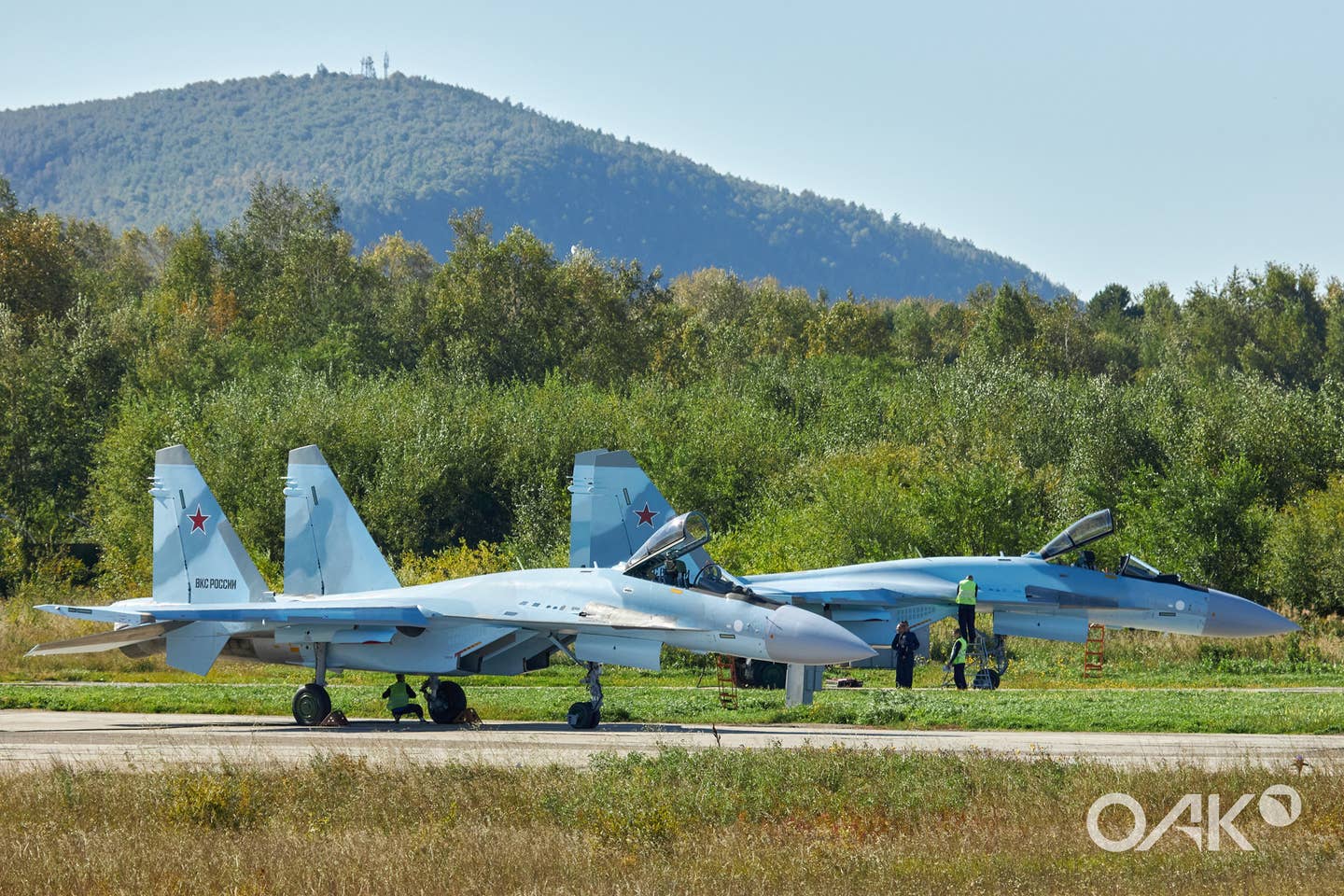 Two of the three Su-35S fighters prepare to leave the KnAAPO plant in Komsomolsk-on-Amur heading west, on September 9. <em>United Aircraft Corporation</em>