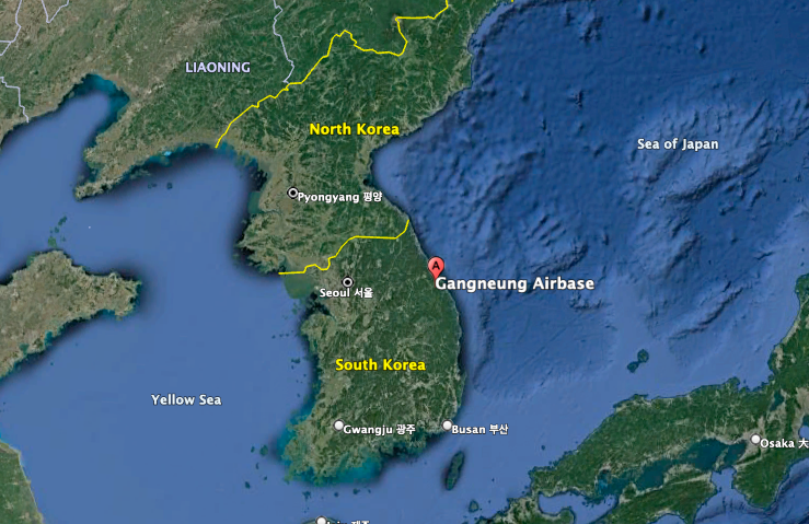 The Republic of Korea Air Force Gangneung Air Base is only about 60 miles from the border with North Korea. (Google Earth image)