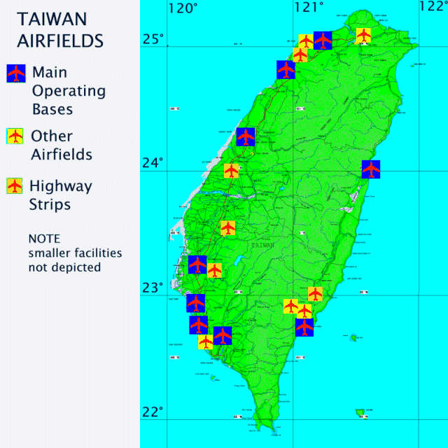 While this may not be the most up-to-date map, it gives a general idea of how limited a target set China is facing in order to neuter Taiwanese airpower. Taiwan also has outlying islands with airfields that will be major targets for Chinese missile forces. (Globalsecurity.org)