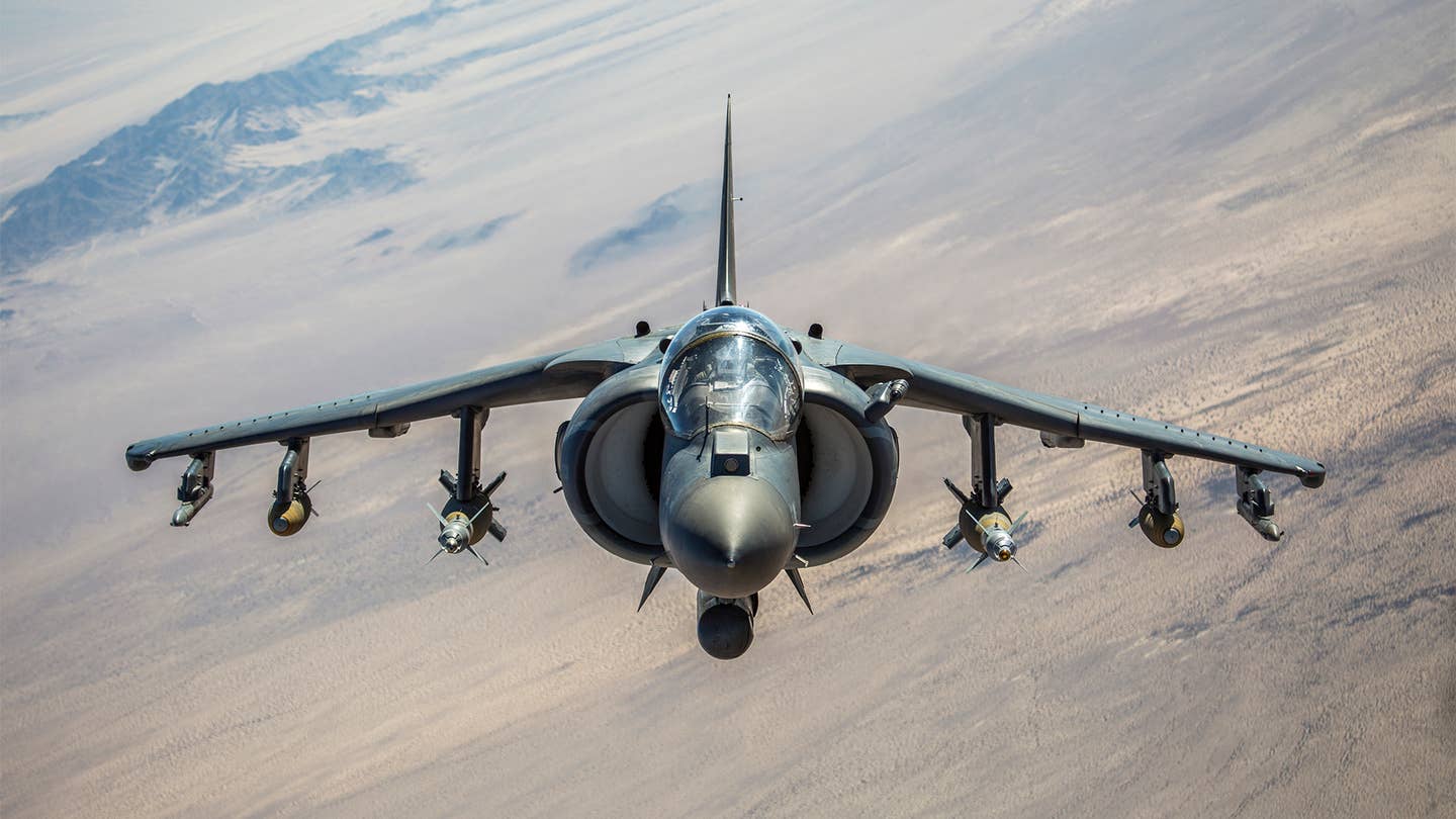 A USMC AV-8B+ carrying laser and GPS-guided bombs and a LITENING targeting pod. (U.S. Marine Corps photo by Lance Cpl. Becky Calhoun/Released)