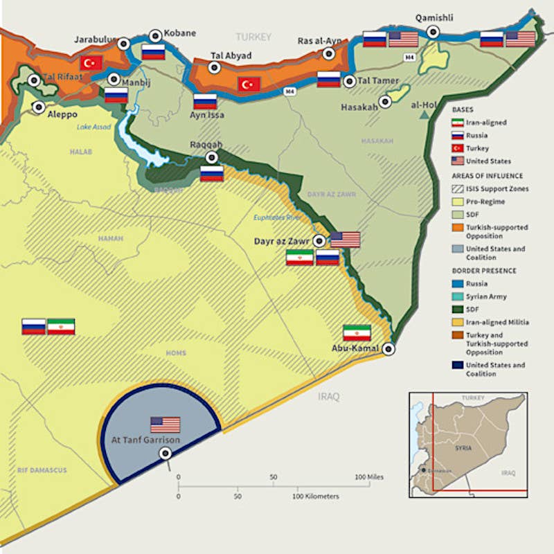 A map included in a Pentagon report released in July 2022 that shows the approximate areas under control of various actors in northeastern Syria. <em>DOD</em>