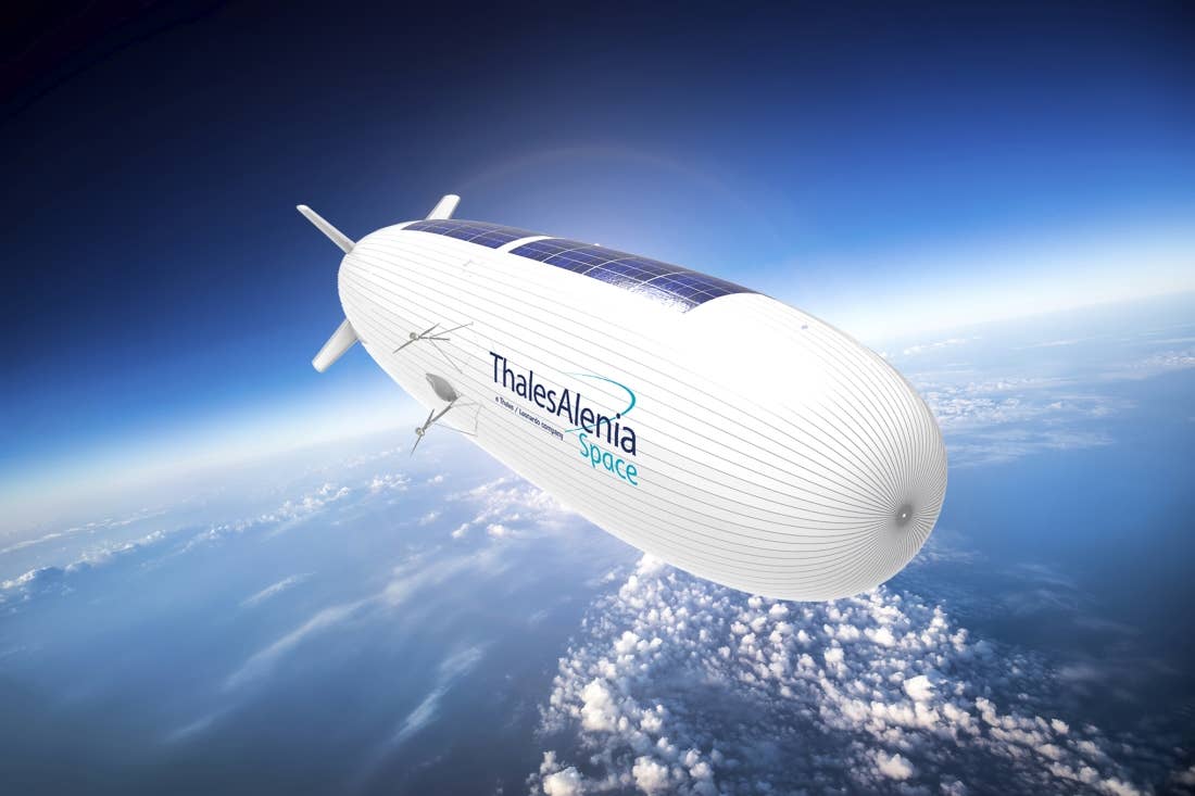 An artistic representation of the Thales Alenia Space Stratobus pseudo-satellite. Similar high-altitude blimps have been eyed as a way to provide persistent and economical surveillance and communications relay over large areas. <em>Thales Alenia Space</em>