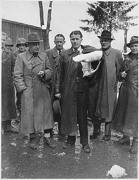 Wernher von Braun, his arm in a cast following a car accident, shortly after his surrender to the Americans, May 3, 1945. <em>Louis Wintraub/Wikimedia Commons.</em>