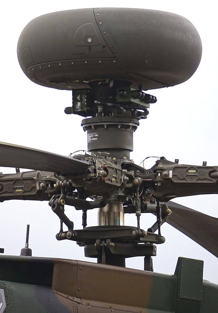 An example of the current AN/APG-78 Longbow mast-mounted radar for the Apache, seen here on a Japanese AH-64. <em>Hunini via Wikimedia</em>