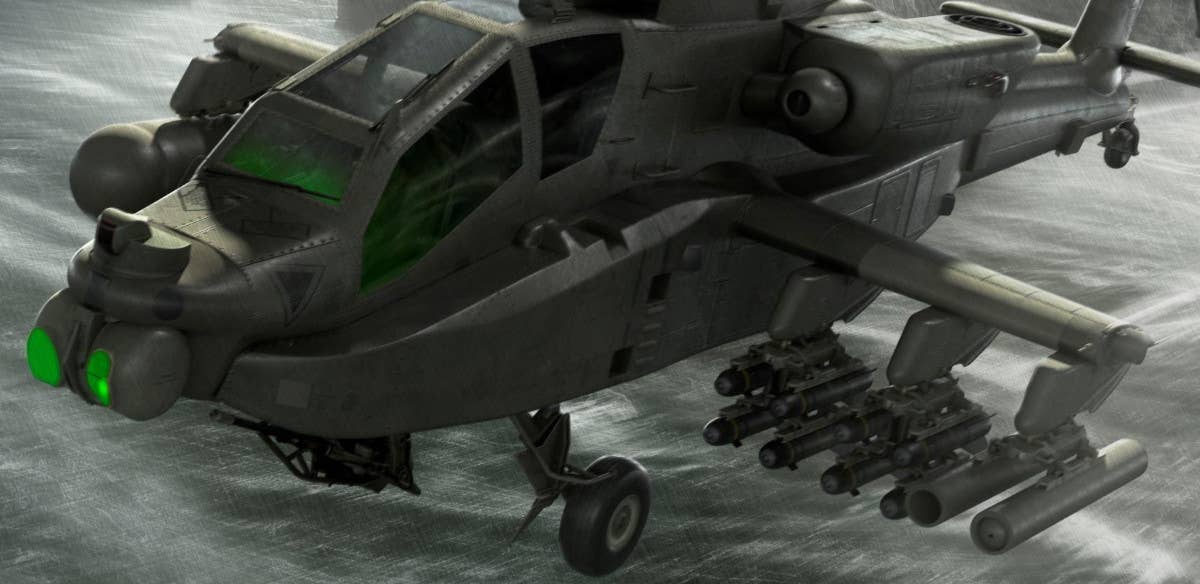 A close-up look at one of the Modernized Apaches in the concept art Boeing released today, showing the various stores on its extended stub wings. <em>Boeing</em>