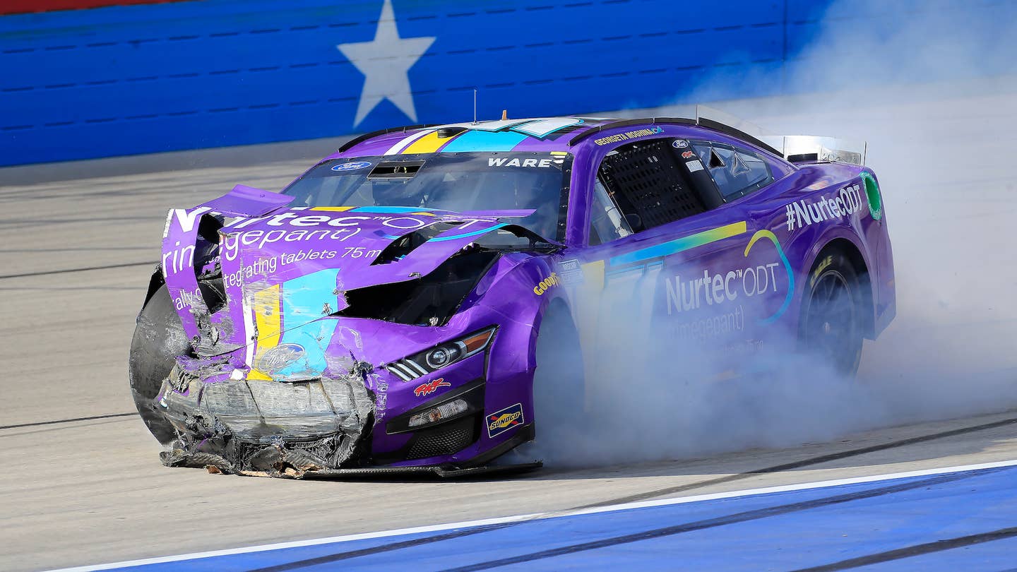 Cody Ware's NASCAR Ford Mustang after a serious crash