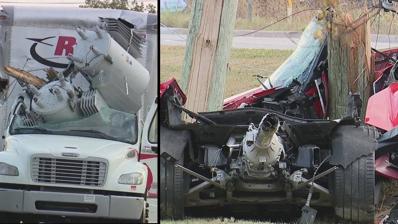 Overhead Transformer Absolutely Crushes Truck After Deadly Corvette Crash; Truck Driver Survived