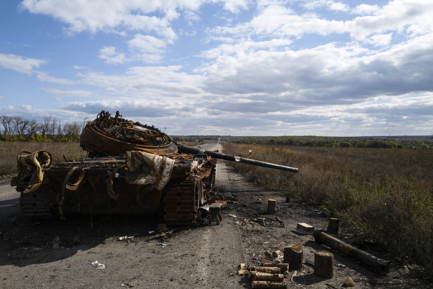 A destroyed Russian tank is seen outside of Izyum district of Kharkiv Oblast, Ukraine, on October 13, 2022. <em>Photo by Wolfgang Schwan/Anadolu Agency via Getty Images</em>