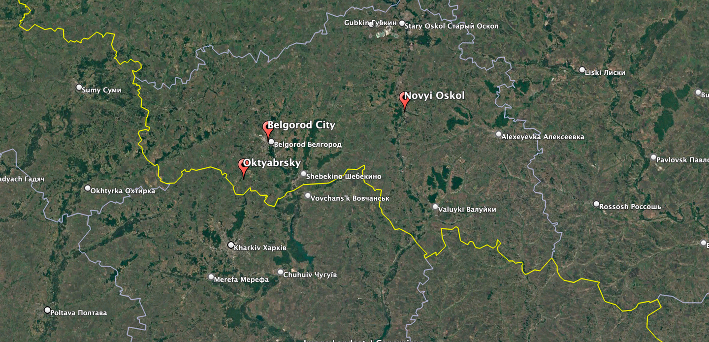 A map of the Belgorod region showing the key areas where Ukrainian attacks have been reported in the last 24 hours. <em>Google Earth</em>