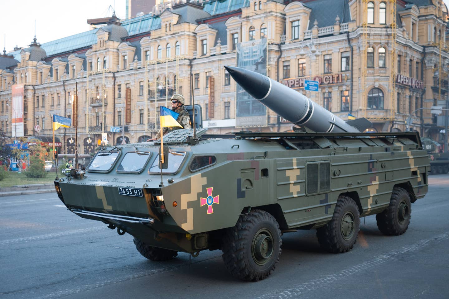 A Ukrainian Armed Forces Tochka-U tactical ballistic missile during a rehearsal for the Independence Day military parade in Kyiv, 2018. <em>VoidWanderer/Wikimedia Commons</em>