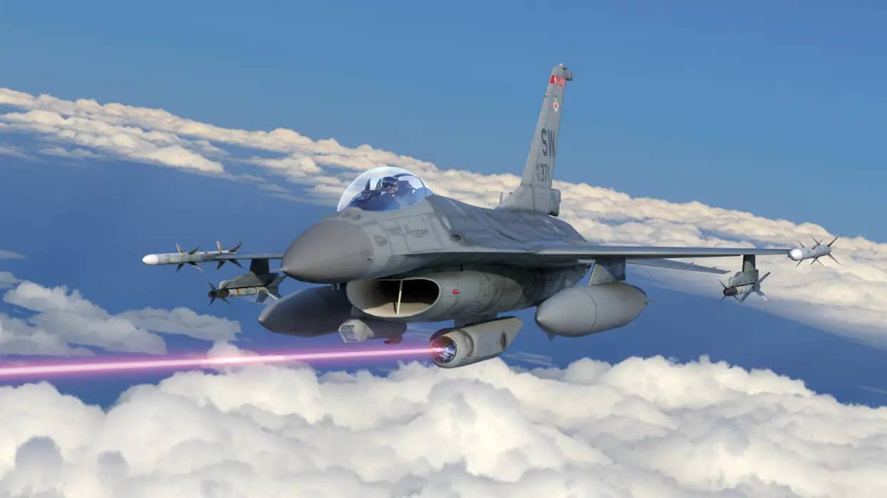 Artwork depicting an F-16 with the podded Self-protect High Energy Laser Demonstrator (SHiELD) laser directed energy weapon. <em>Lockheed Martin</em>