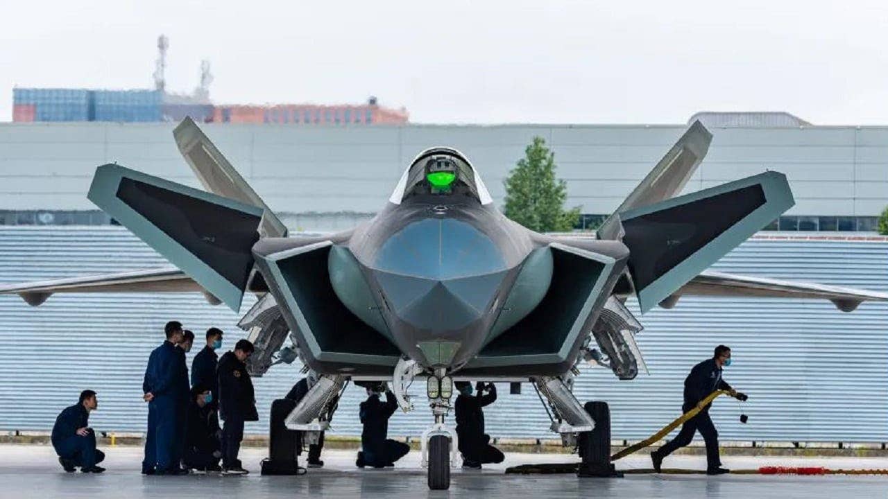China's J-20 features a multi-function infrared system housed in a faceted structure below its nose that has IRST-like functionality. (Chinese Internet/PLAAF)