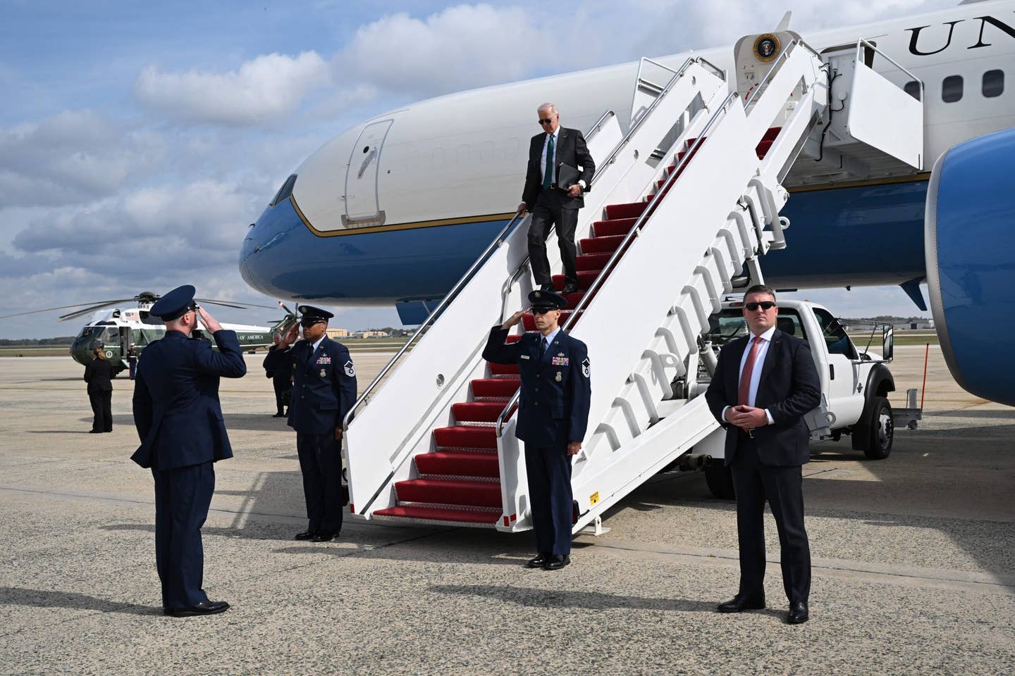 US President Joe Biden disembarks Air Force One at Joint Base Andrews in Maryland on October 17, 2022, following his trip to California. <em>Photo by SAUL LOEB/AFP via Getty Images</em>
