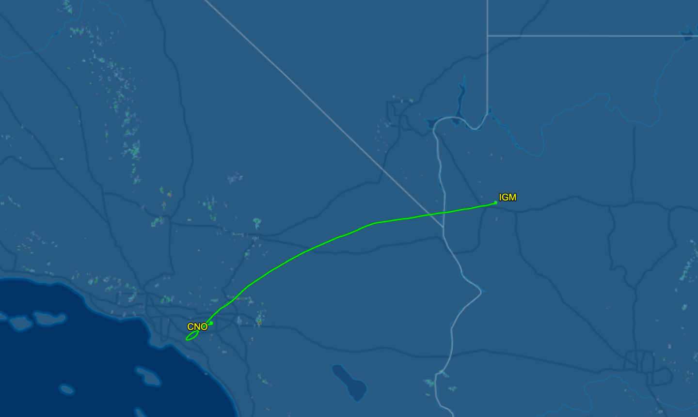 The flight path of N5890, starting at Kingman, Arizona, at 12:31 PM Pacific Time, and ending at Chino, California, at 15:24 PM. <em>Flightaware.com</em>