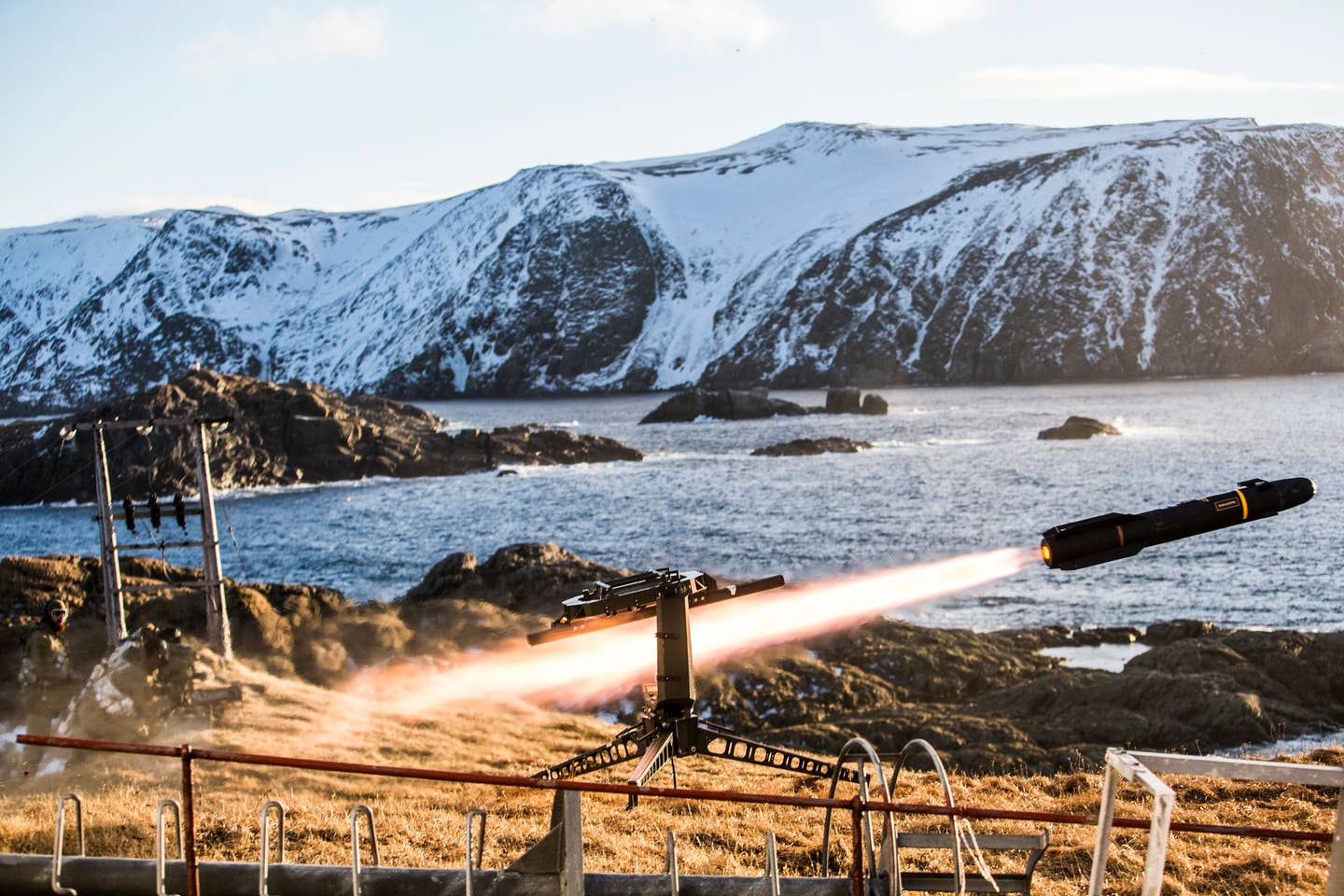 Hellfire missile launch from a ground-based launcher. <em>Credit: Norway Ministry of Defense</em>