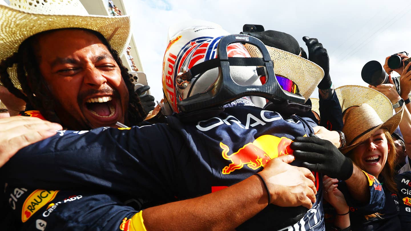 Max Verstappen celebrates win with team Red Bull | Photo by Mark Thompson/Getty Images
