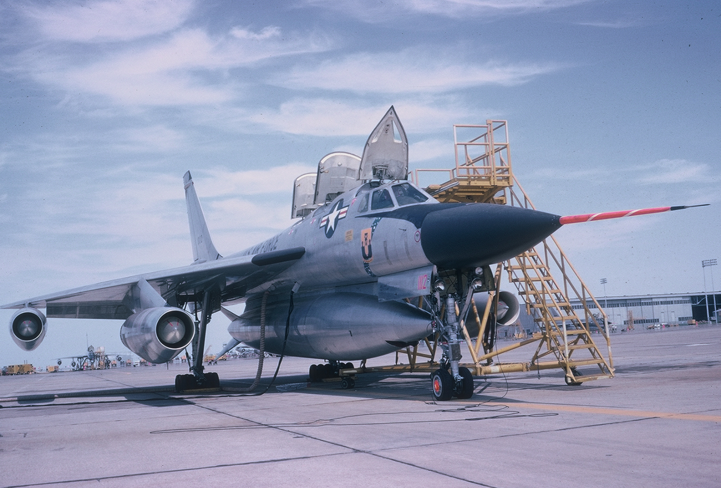 B-58A Hustler 60-1112 with the LA-1 reconnaissance pod installed. The pod contained a KA-56 camera and associated air-conditioning system, plus fuel. <em>U.S. Air Force</em>