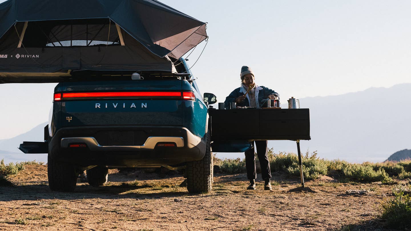 Rivian Camp Kitchen in use on an R1T