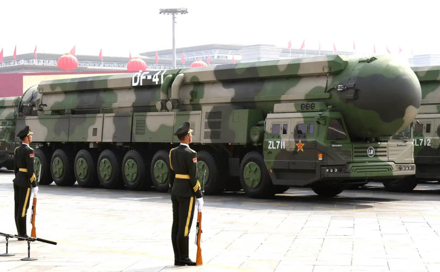 A transporter-erector-launcher for China's DF-41 intercontinental ballistic missile. It's unclear how the NINT researchers envisioned delivering the nuclear warhead in their proposed anti-satellite weapon concept. <em>Kyodo via AP Images</em>