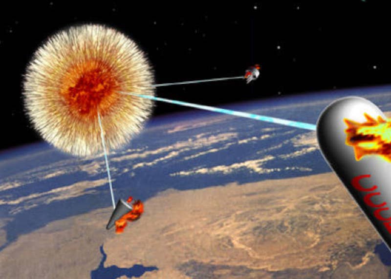 An artist's conception of a space-based U.S. military expendable x-ray laser anti-missile system destroying various targets. <em>DOD</em>