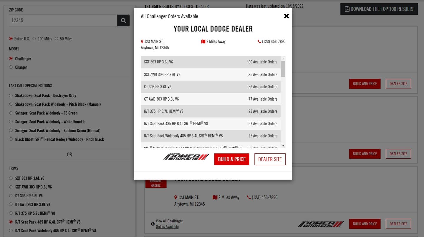 The new Dodge Horsepower Locator, available at DodgeGarage.com, allows enthusiasts to easily search all Dodge dealerships by zip code, model, special-edition model and trim level for 2023 Dodge Challenger and Charger vehicle order availability.
