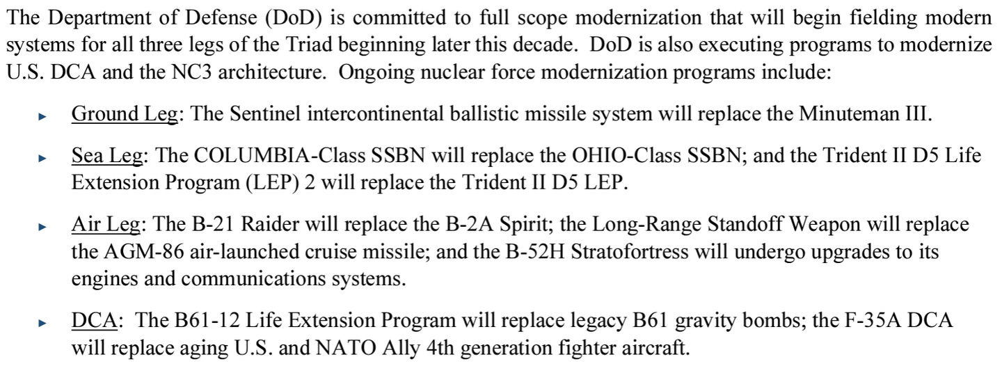 A screencap of the Defense Department's Nuclear Posture Review fact sheet detailing the modernization efforts to increase nuclear flexibility. <em>Credit: Defense Department</em>