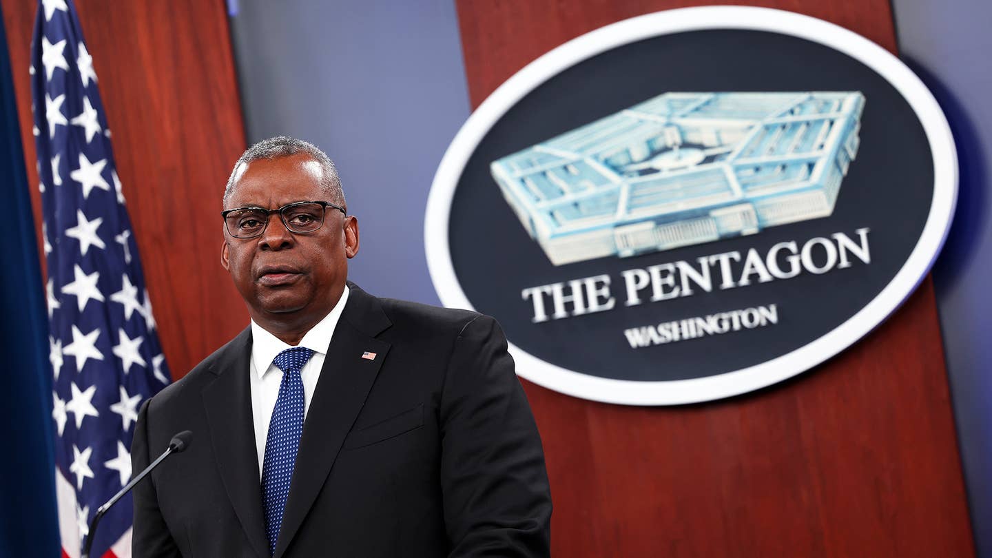 U.S. Secretary of Defense Lloyd Austin holds a media briefing at the Pentagon on October 27, 2022 in Arlington, Virginia. <em>Credit: Photo by Kevin Dietsch/Getty Images</em>