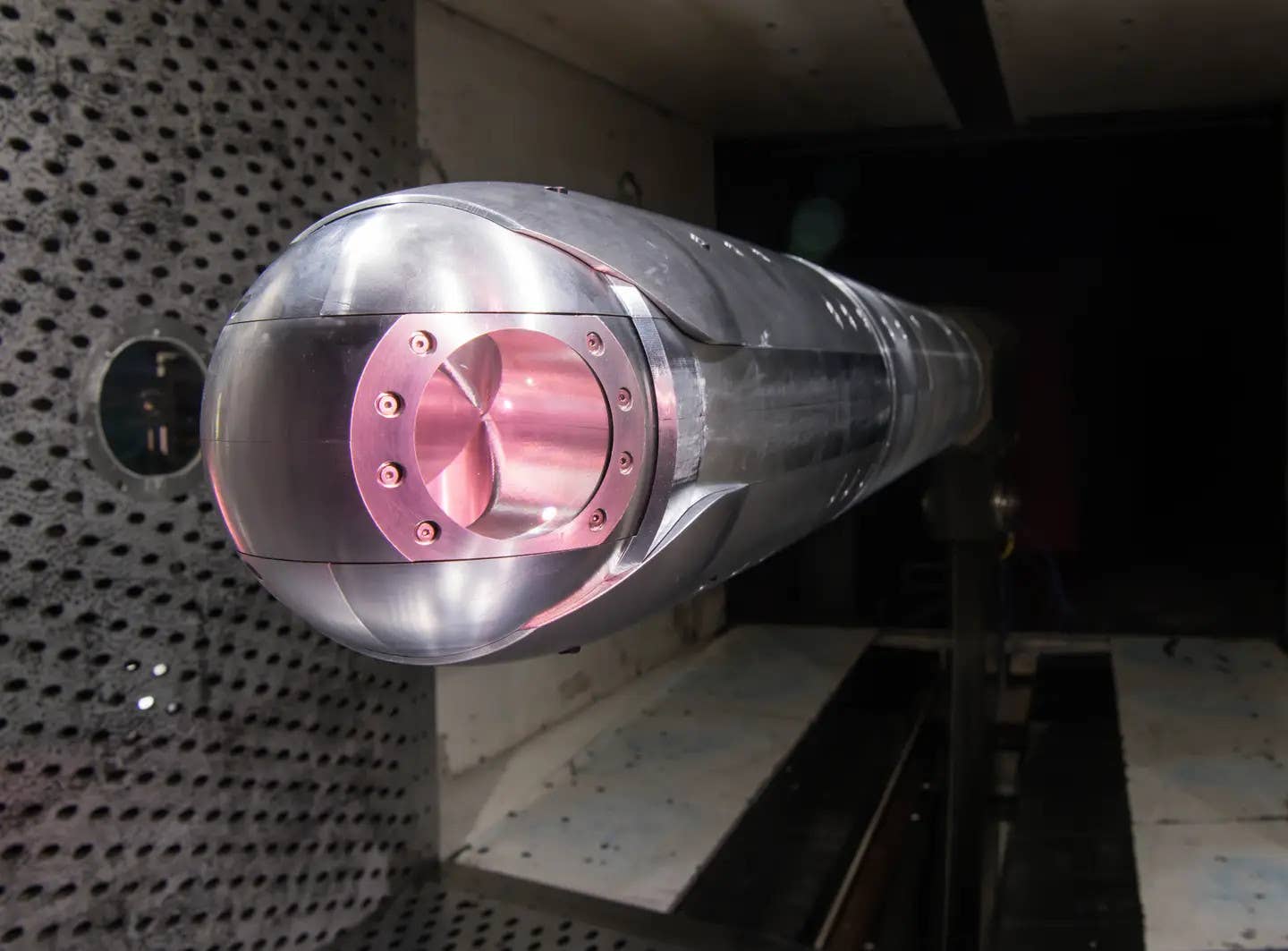 A model of a directed energy weapon pod under test in a wind tunnel. <em>USAF</em>