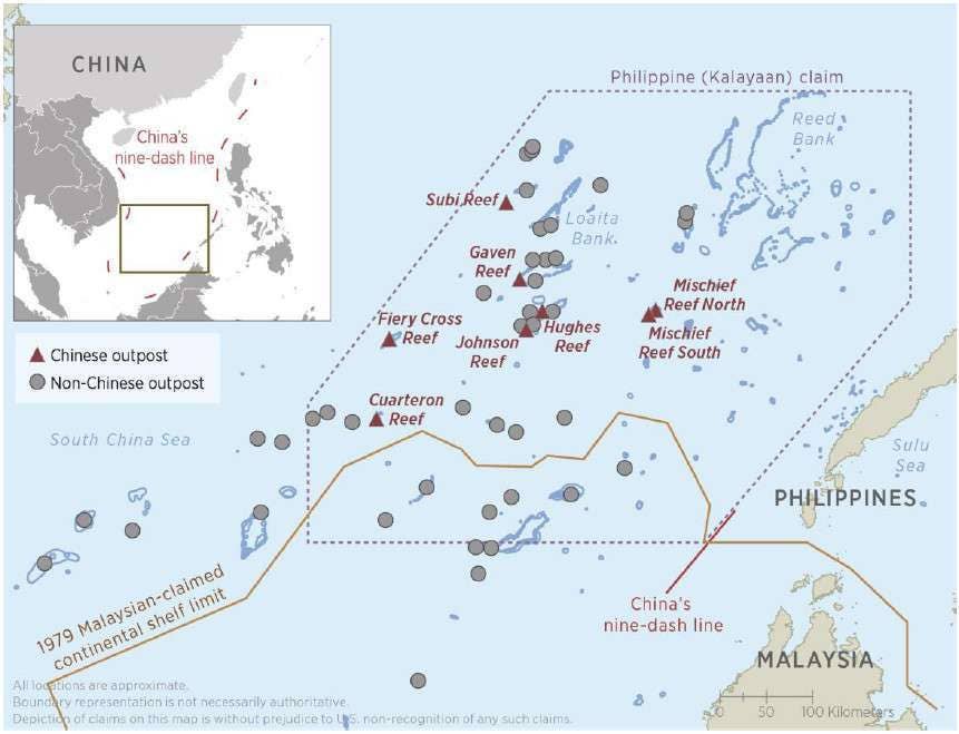 A map showing Chinese made-made island outposts just in the southern end of the South China sea, as well as sites belong other countries in the region. <em>DOD</em>