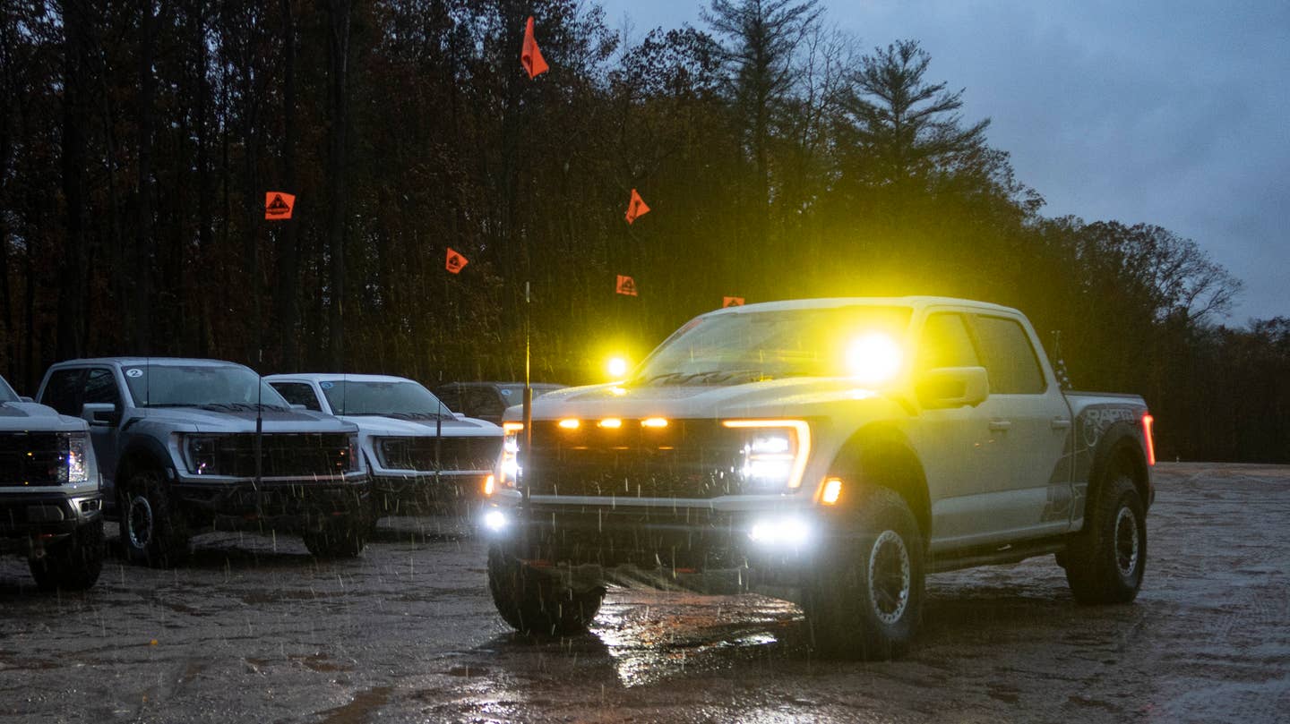 2023 Ford F-150 Raptor R with yellow ditch lights.