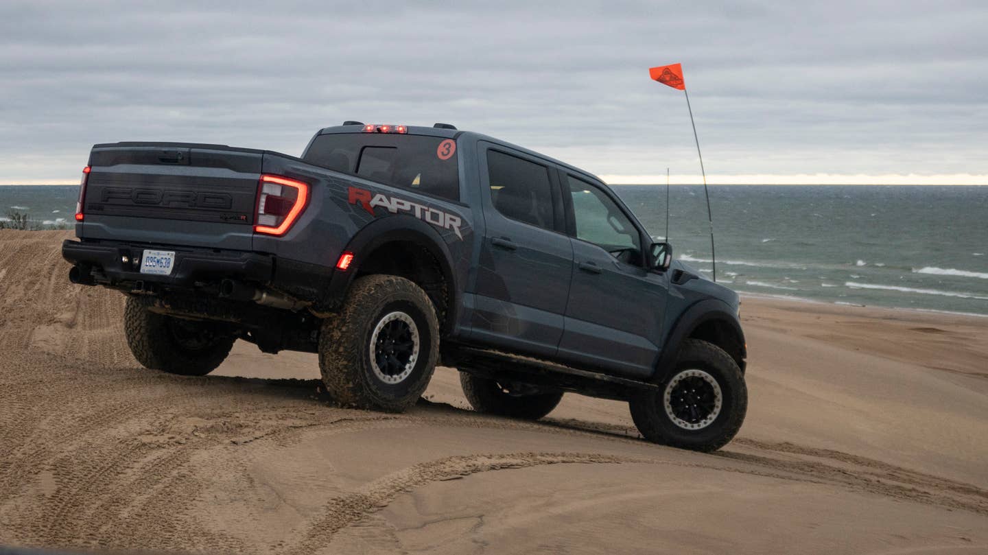 2023 Ford F-150 Raptor R at Michigan's Silver Lake sand dunes.
