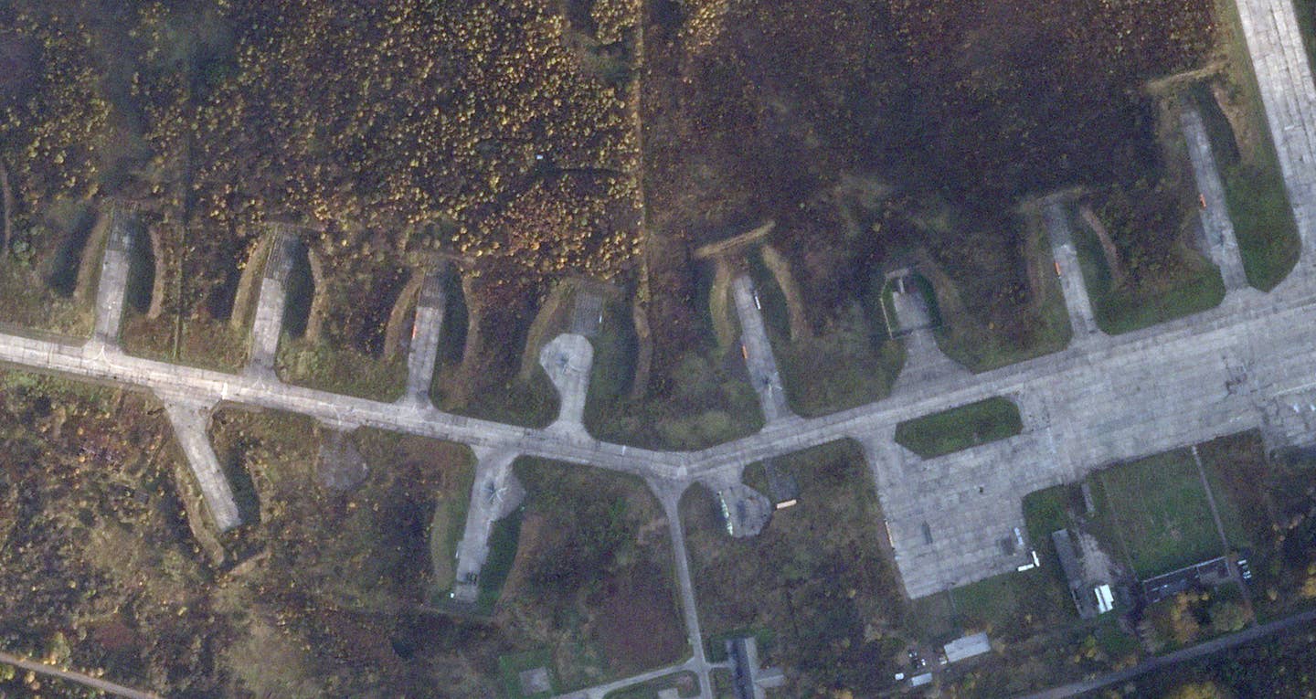 At least some of the aircraft dispersals at Ostrov Air Base lack protective berms. <em><em>PHOTO © 2022 PLANET LABS INC. ALL RIGHTS RESERVED. REPRINTED BY PERMISSION</em></em>