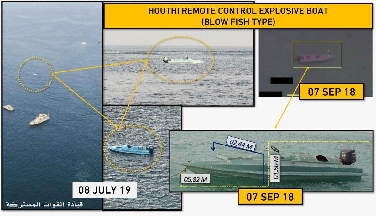 Images of improvised suicide drone boats deployed by Iran and/or its Houthi proxies in Yemen. <em>Government of Saudi Arabia</em>