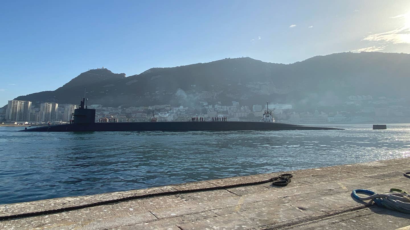 An official US Navy shot of USS <em>Rhode Island</em> in Gibraltar. <em>USN</em>